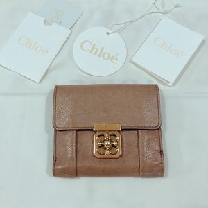 Chloe Elsie Neutral Beige Leather Wallet with Gold Accent Lock